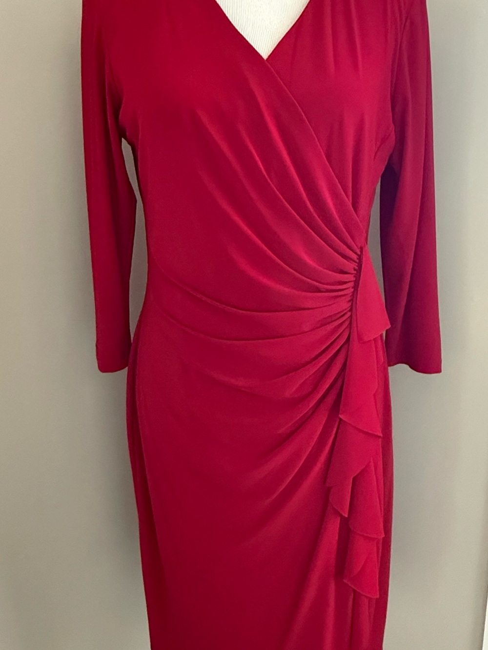 American Living Raspberry-Red Faux-Wrap Ruffle Dress
